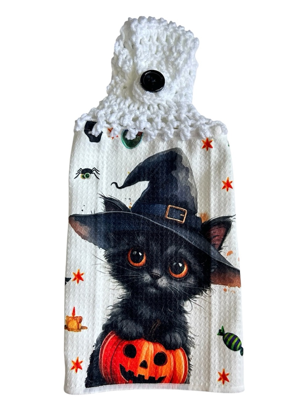 Hand Crafted Halloween Black & Orange Witch Kitten Hanging Kitchen Hand  Towel - Picture 3 of 8